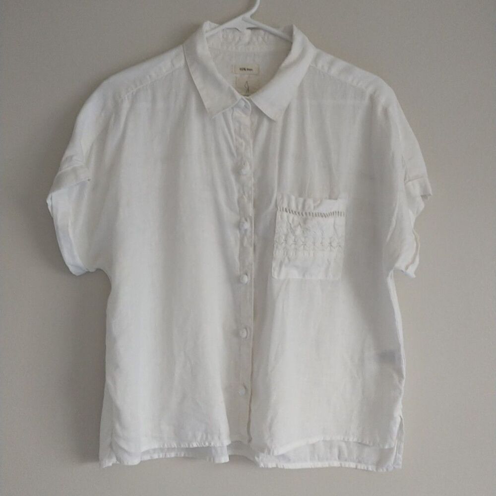 Joie Top Blouse Womens L White 100%Linen Crochet Buttons Slit Boxy Lagenlook